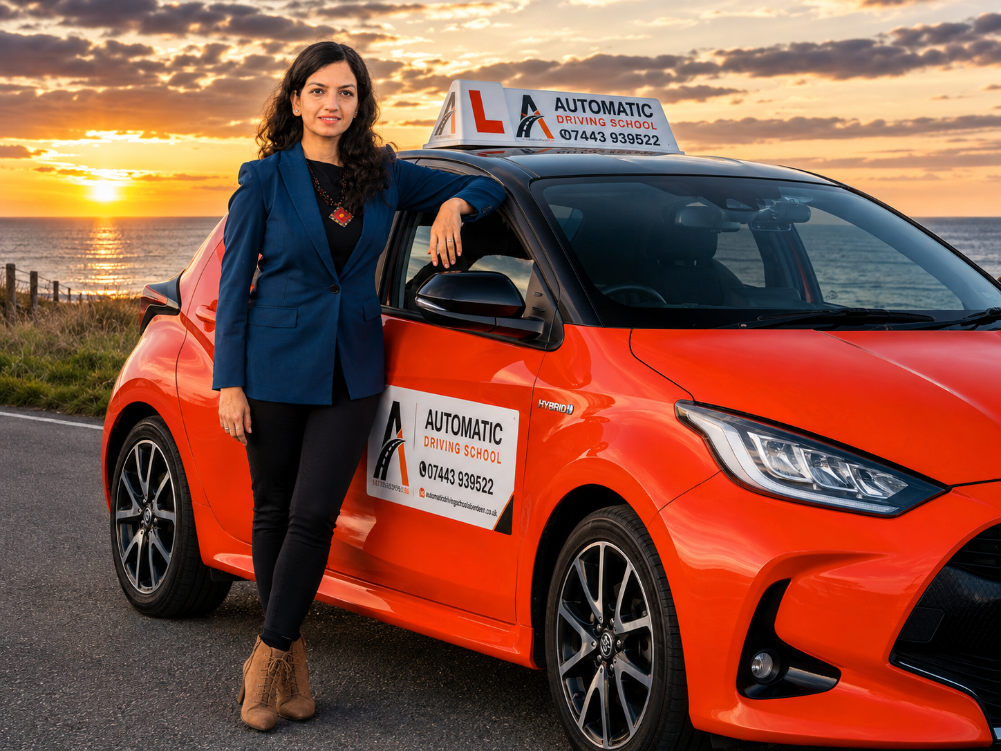 Tehmina, female automatic driving instructor, beside the Automatic Driving School Aberdeen tuition car